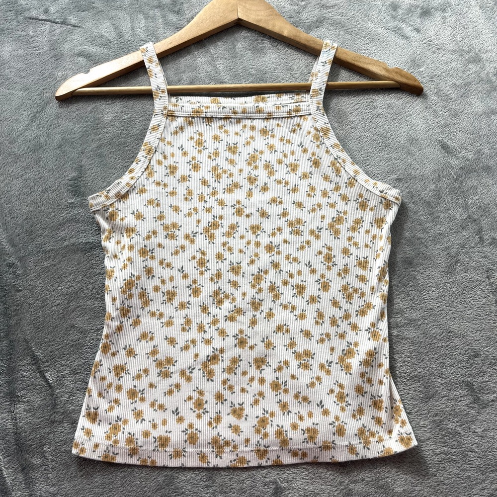 SO Daisy Floral Crop Tank Top M High Neck Ribbed Y2K 90s Style White Yellow